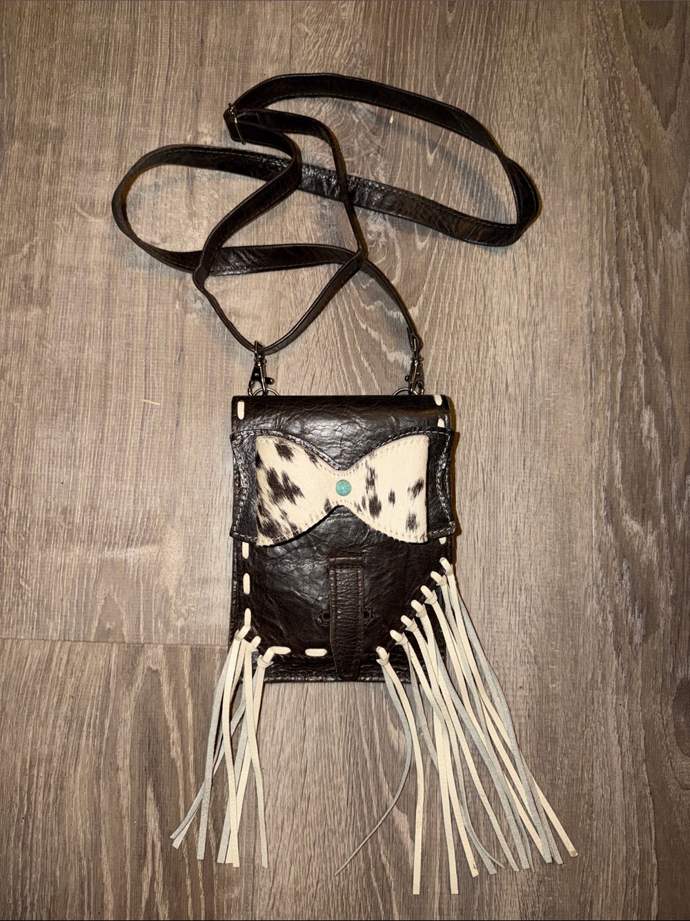 Black Leather Crossbody with White Haircalf Accent and Fringe